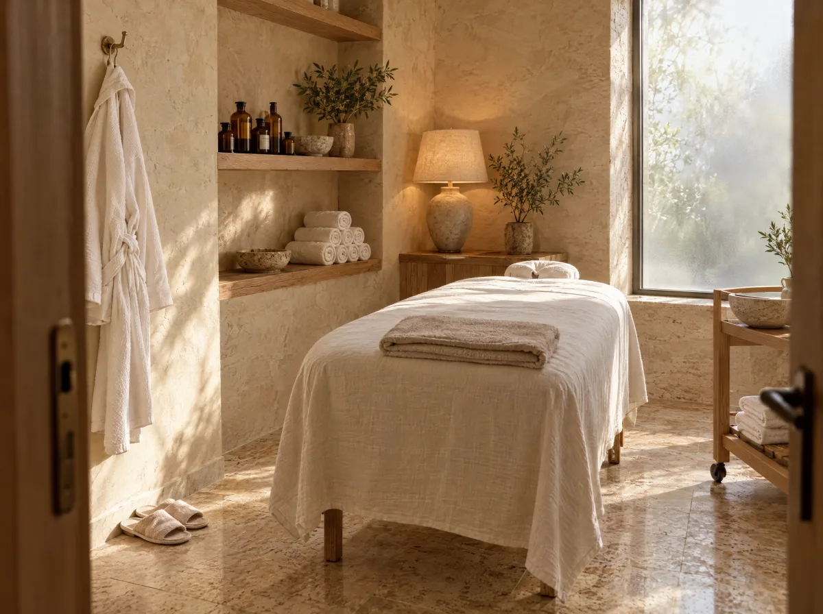 Cabina trattamento di una SPA con lettino coperto di lino, accappatoio appeso, asciugamani arrotolati e flaconi di oli sulle mensole