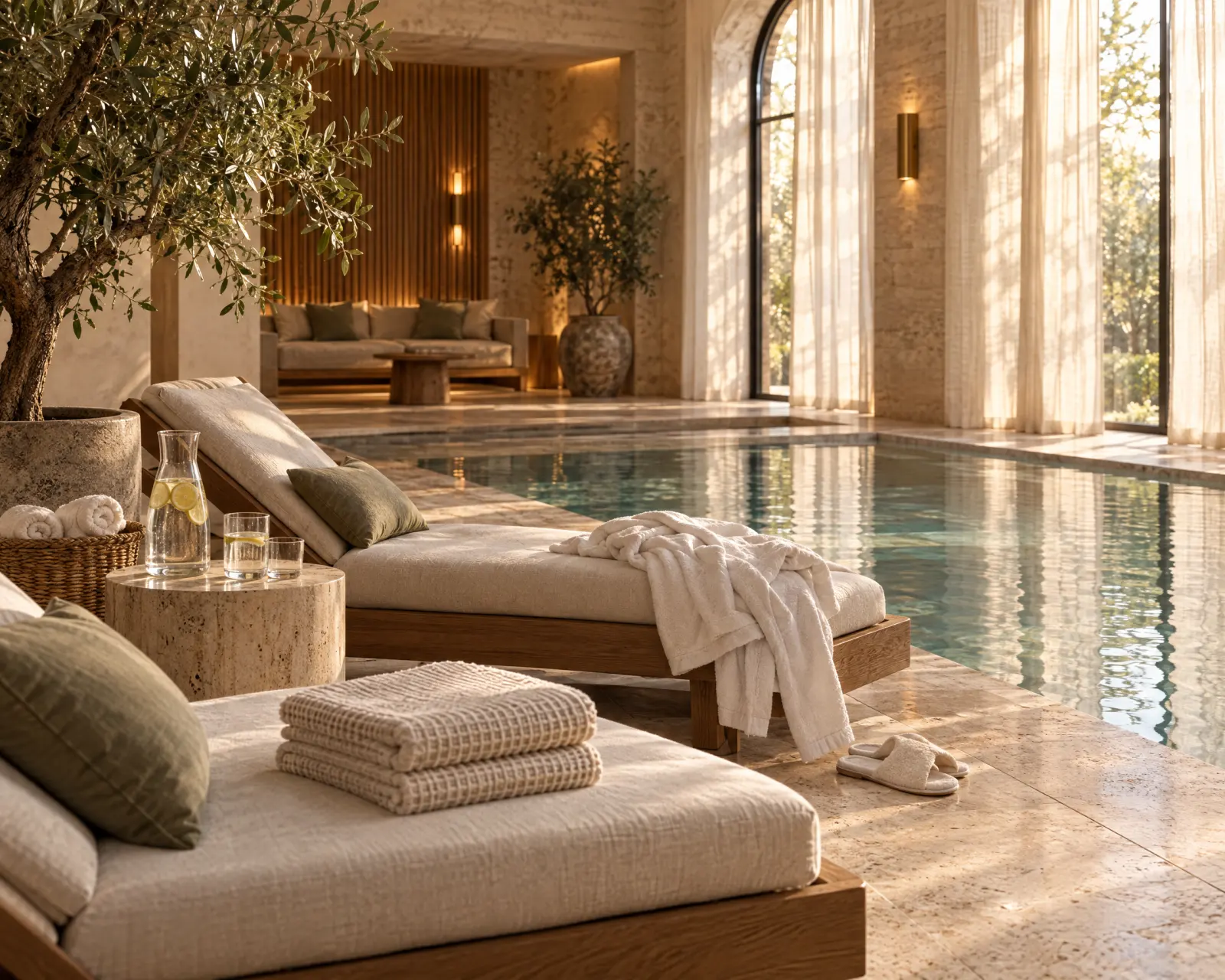 Area relax di una SPA con lettini in legno e cuscini chiari, teli piegati, accappatoio e ciabatte accanto a una piscina interna illuminata dalla luce del pomeriggio