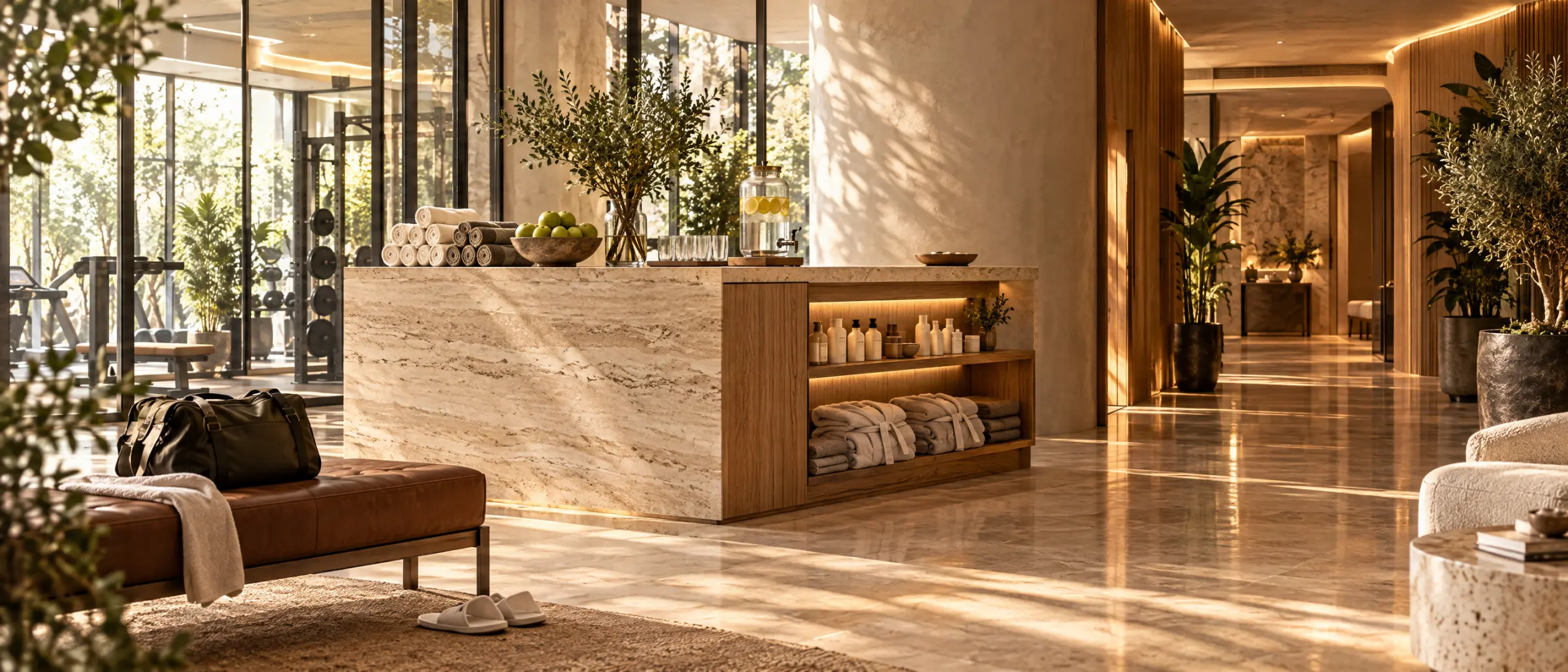 Reception di un centro fitness e benessere con bancone in travertino, teli arrotolati, acqua con limone e accappatoi, tra la sala attrezzi e il corridoio della SPA