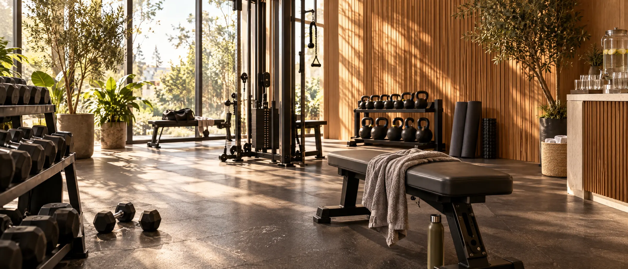 Sala attrezzi di un centro fitness con manubri, kettlebell e una panca con asciugamano e borraccia, parete in doghe di legno e vetrate sul verde